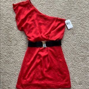 Red one shoulder dress with belt